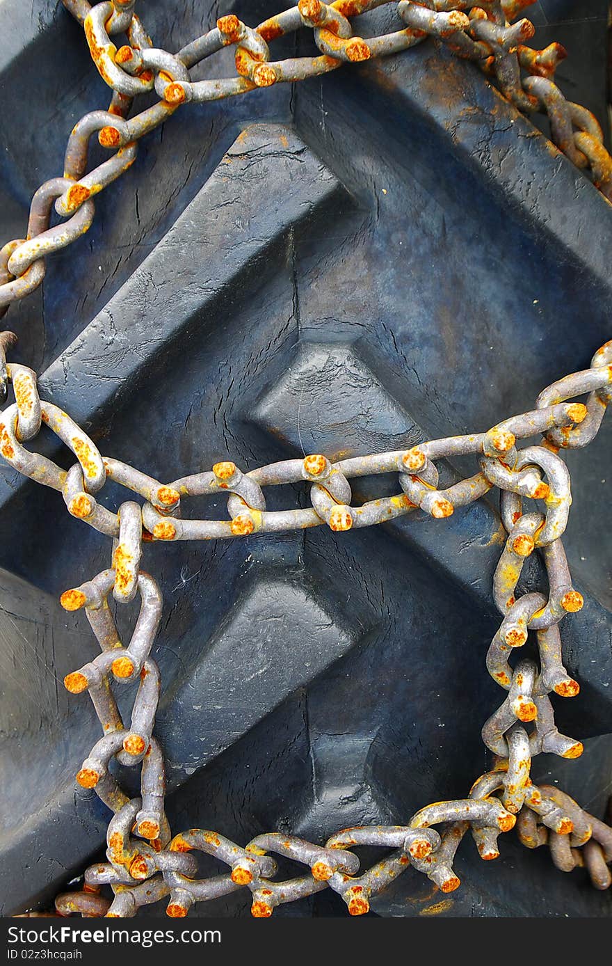 On the photo: Rusty chains on vehicle close-up