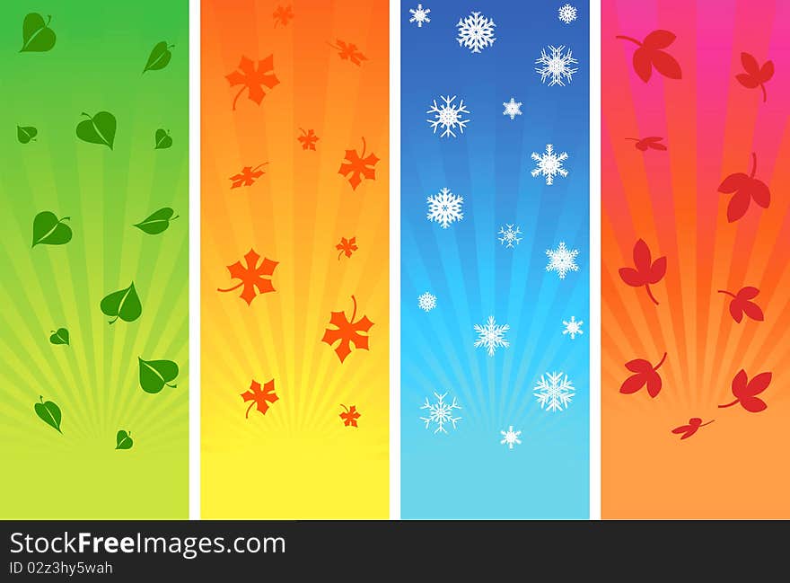 Autumnal leafs and snowflakes on multicoloured backgrounds. Autumnal leafs and snowflakes on multicoloured backgrounds