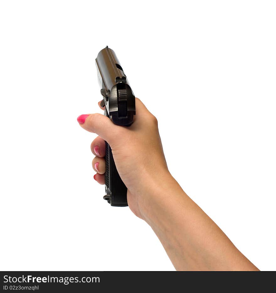 Female hand with a pistol it is isolated on a white background. Female hand with a pistol it is isolated on a white background.