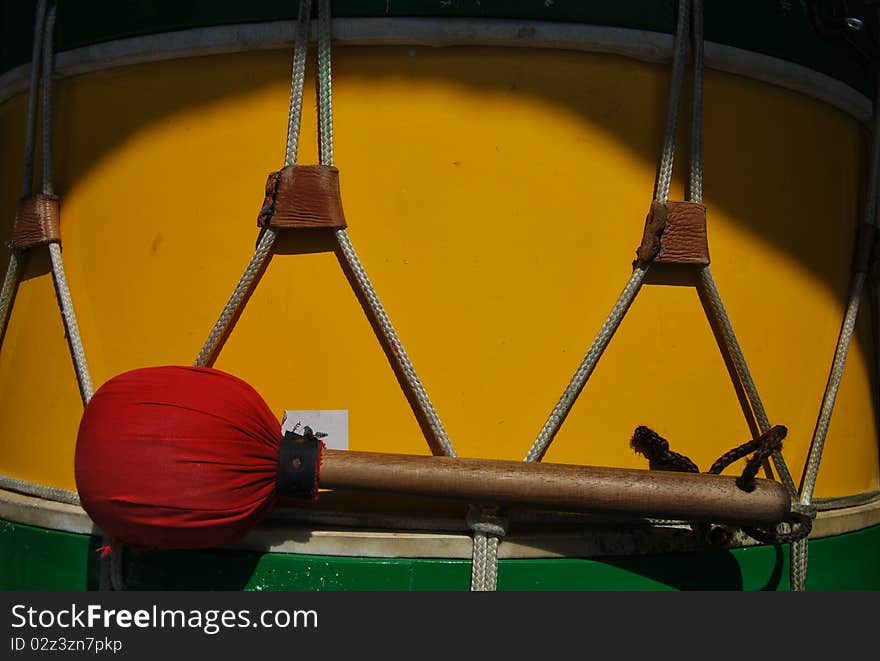 Portuguese drum with stick about bombos de St Nicolau