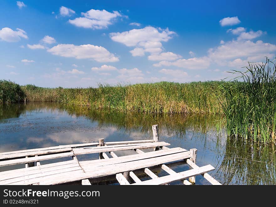 Wooden dock on wild lake