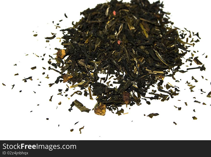 Green tea with citrus peels on a white background.