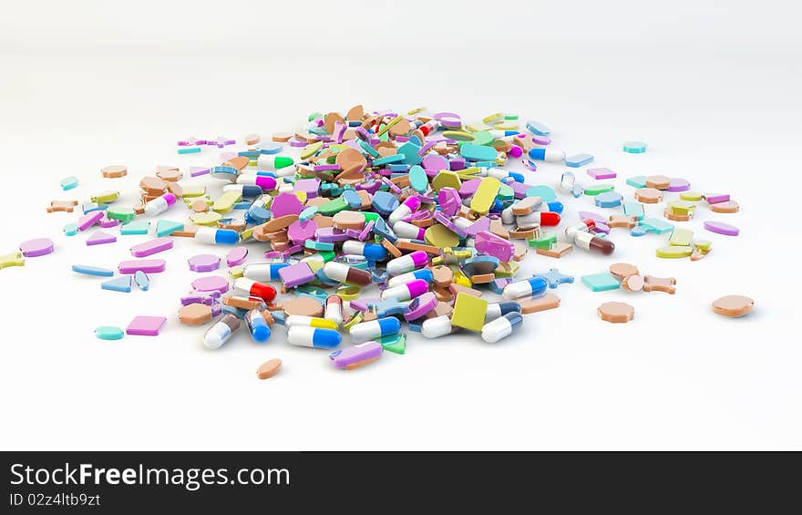 Colorful tablets with capsules and pills on a light background. Colorful tablets with capsules and pills on a light background