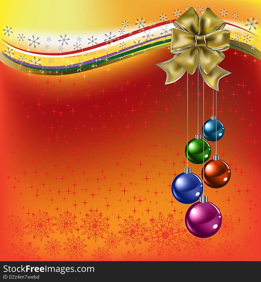 Christmas greeting gold bow with colored balls on a red background. Christmas greeting gold bow with colored balls on a red background