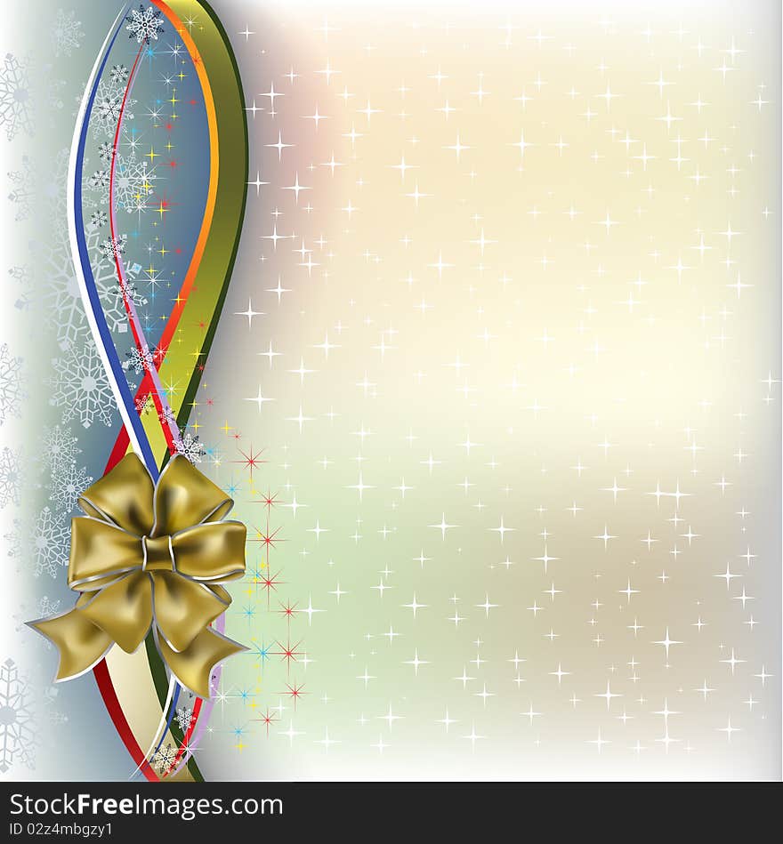 Christmas greeting gold bow with colored ribbons. Christmas greeting gold bow with colored ribbons