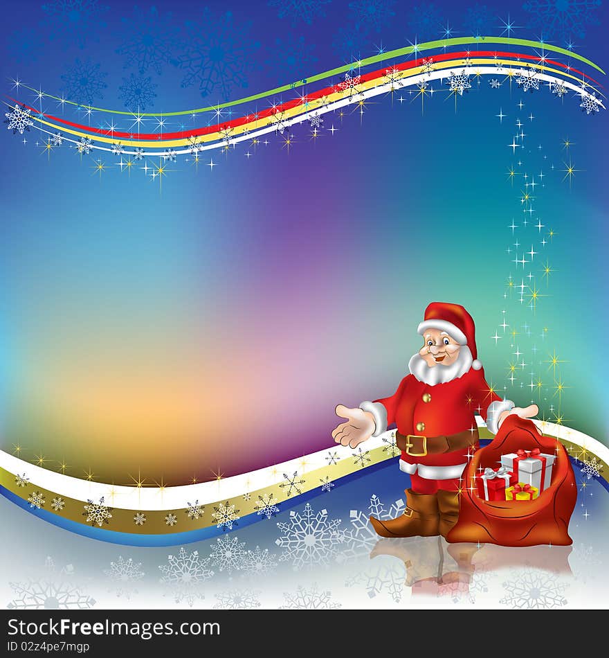 Christmas greeting Santa Claus with gifts on a colored background