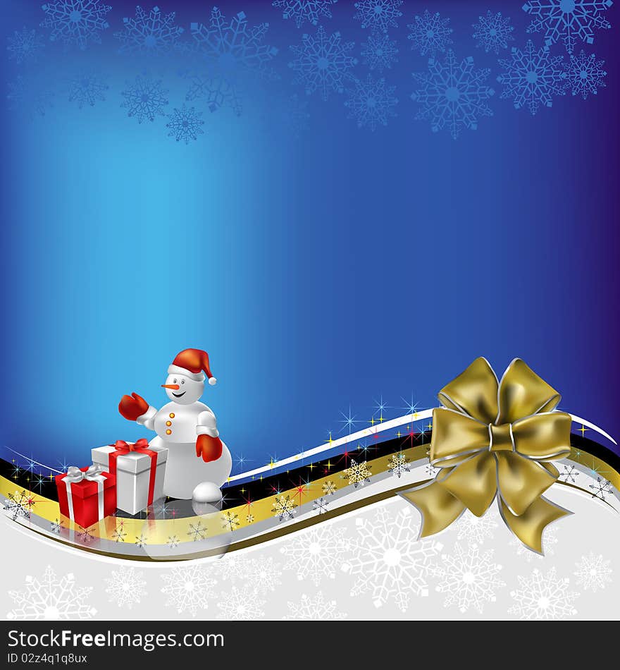 Christmas greeting snowman with gifts and bow on blue background