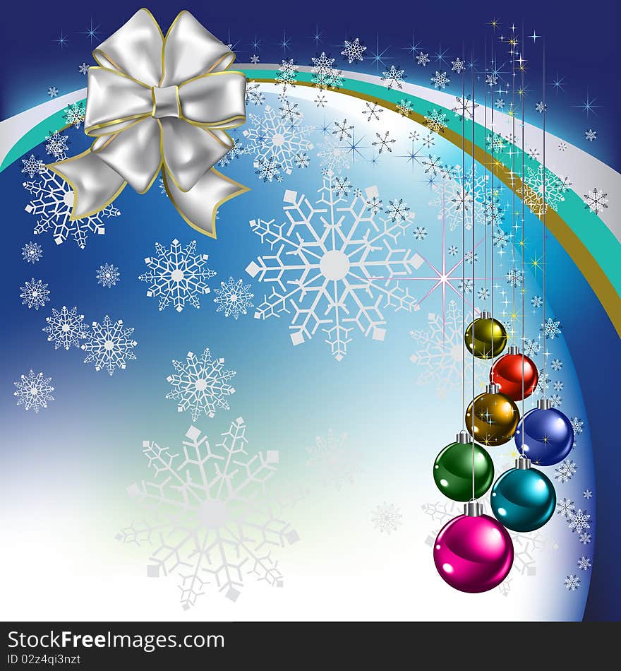 Christmas greeting with balls on blue