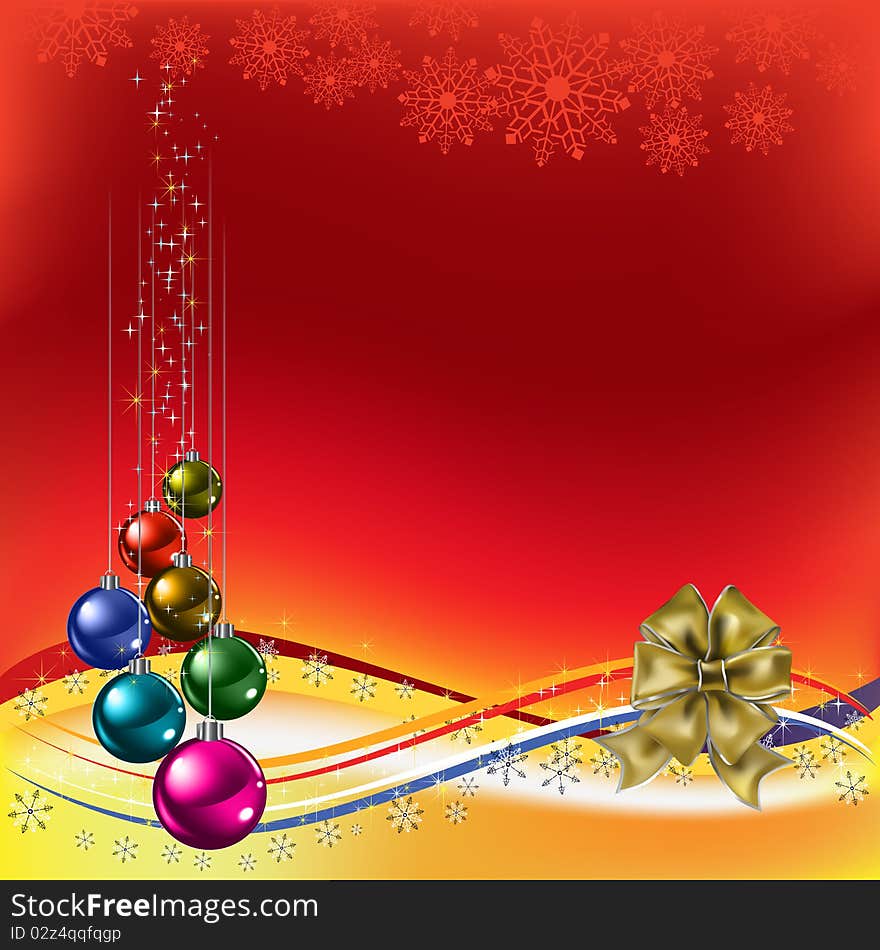 Christmas greeting with gold bow and balls on a red