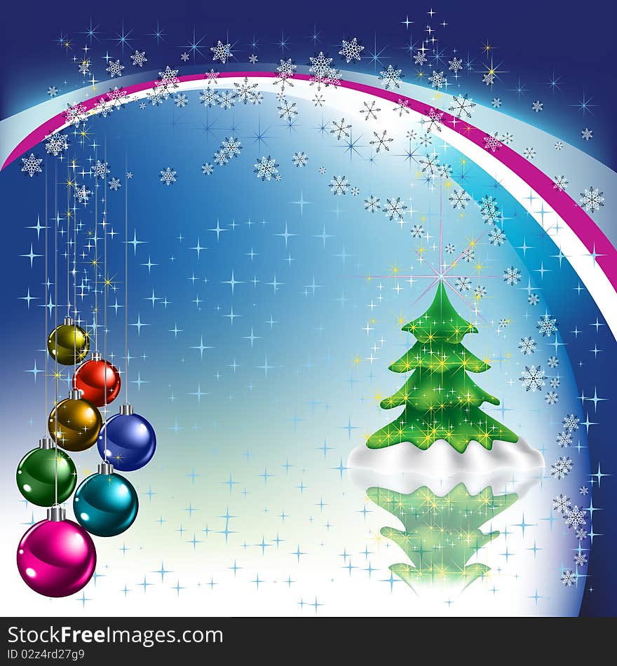 Christmas tree with balls on blue background