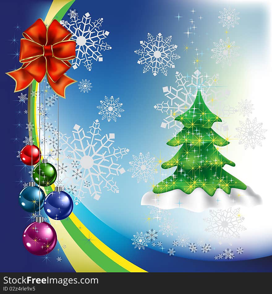 Christmas tree with colored balls on a blue background