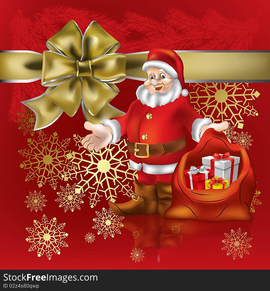 Santa Claus with christmas gifts on red background