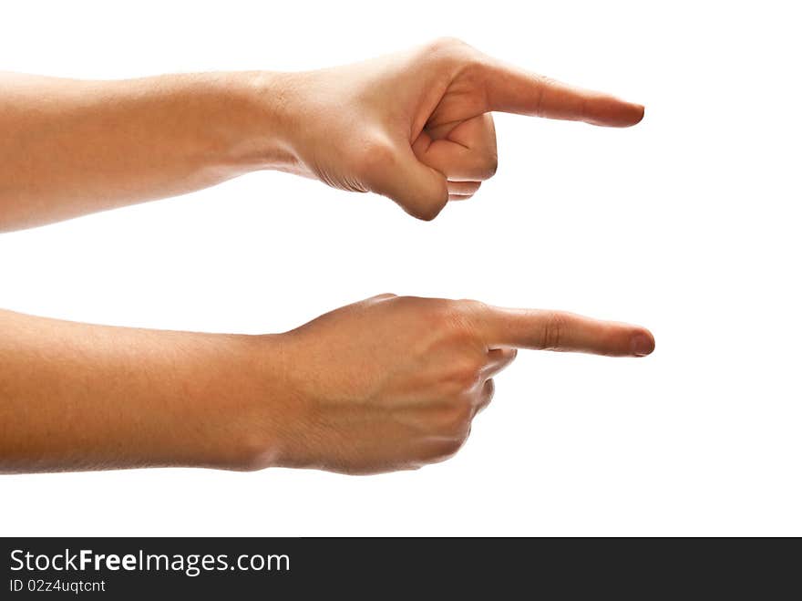 Man's hands pointing the direction to follow. White background. Man's hands pointing the direction to follow. White background.