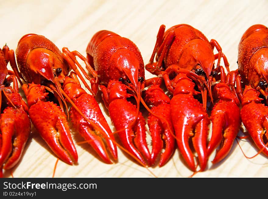 Row of a red crayfishes, wooden background. Row of a red crayfishes, wooden background