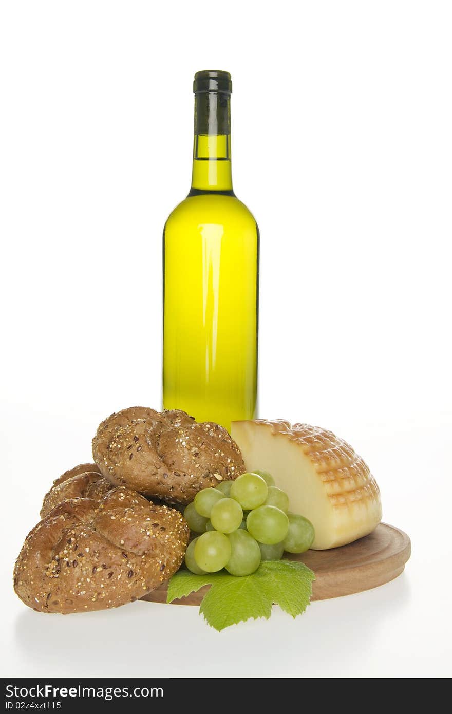 Wine cheese and bread,on white background. Wine cheese and bread,on white background.