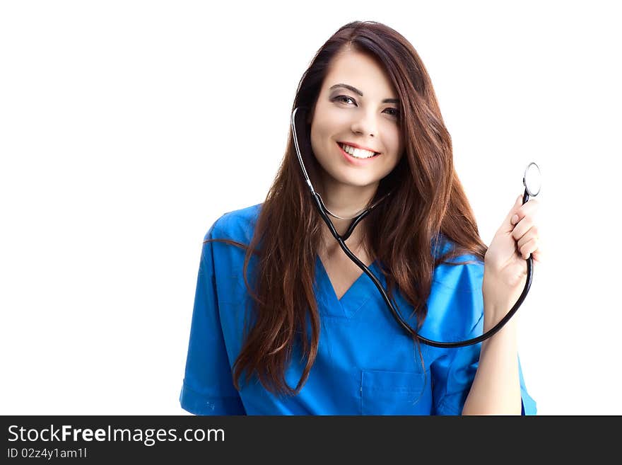 Woman doctor in uniform on white background