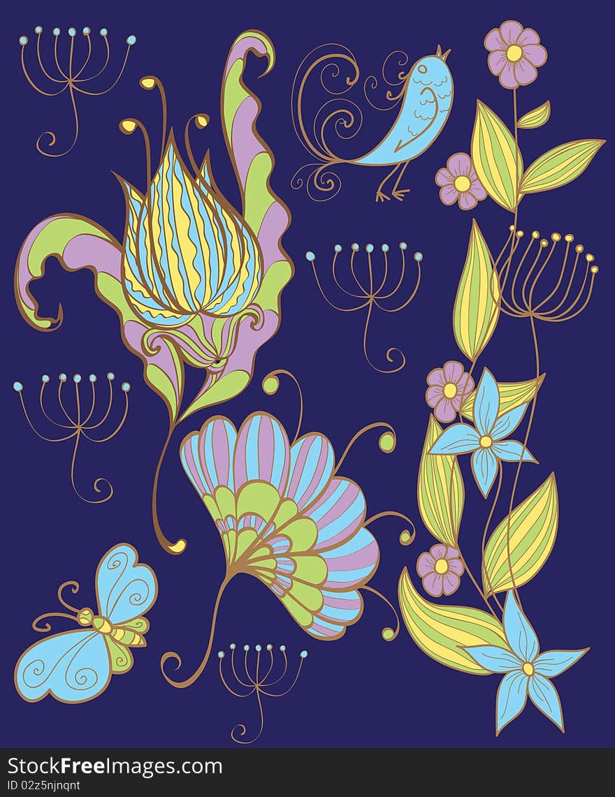 Group of flowers and animals for design