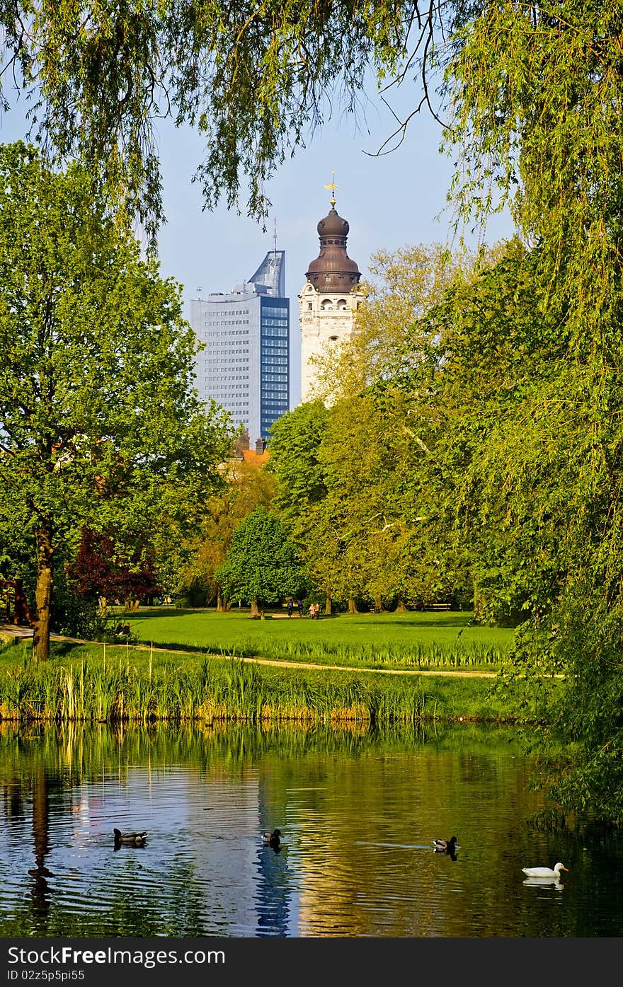 Beautiful view on new city hall and university tower in leipzig, germany