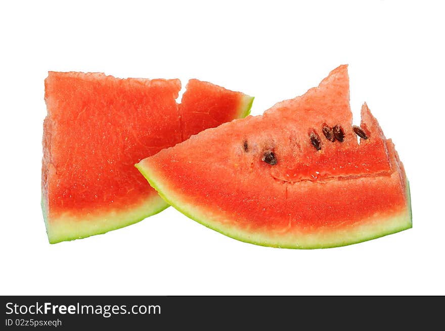 Two Slices Of Red Watermelon On White background