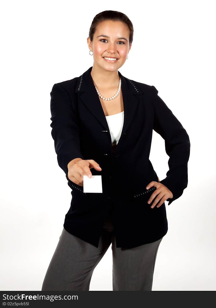 Young Hispanic woman holding a blank business card