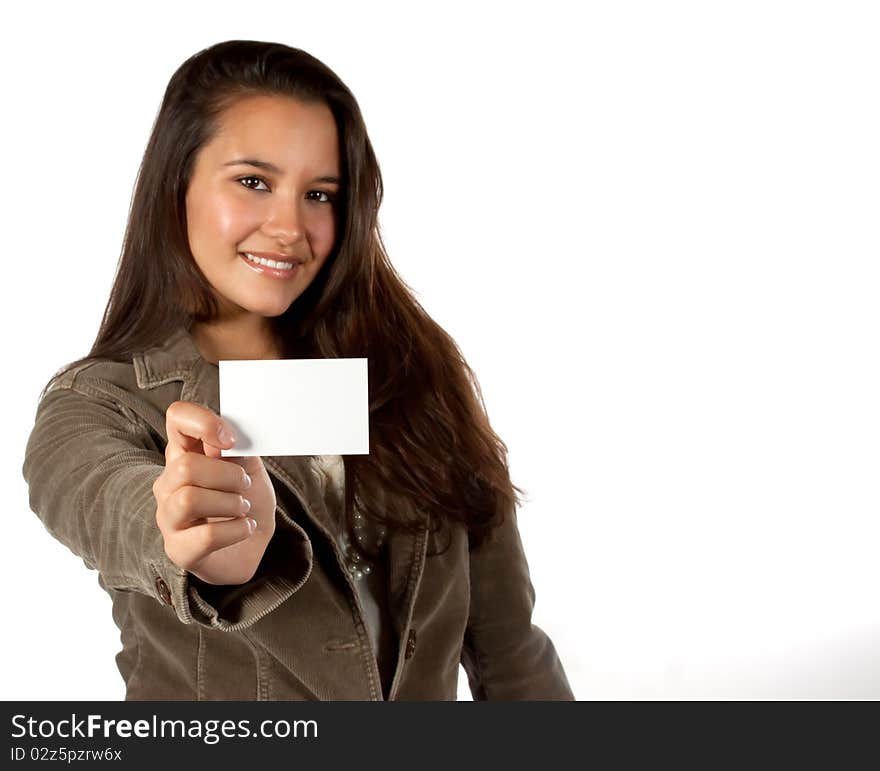 Young, beautiful hispanic female, with long hair, holding a blank business card. Young, beautiful hispanic female, with long hair, holding a blank business card.