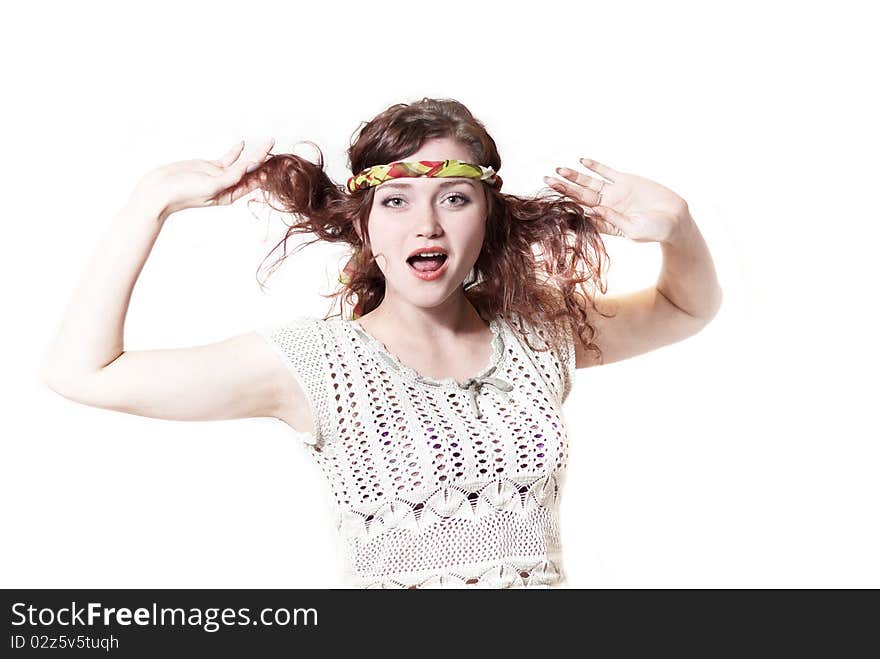 Young surprised woman reaction with hands open wide on white background