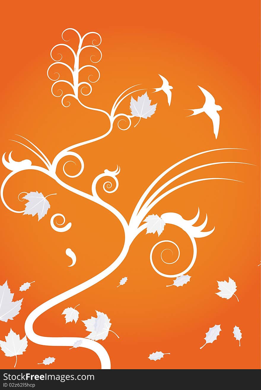 A white silhoutte of a tree or plant with spiraled, round and swirled shapes on a warm orange background. Leaves are falling down, some birds fly around and you can see some indication of gras and burgeons on the plant. A white silhoutte of a tree or plant with spiraled, round and swirled shapes on a warm orange background. Leaves are falling down, some birds fly around and you can see some indication of gras and burgeons on the plant.