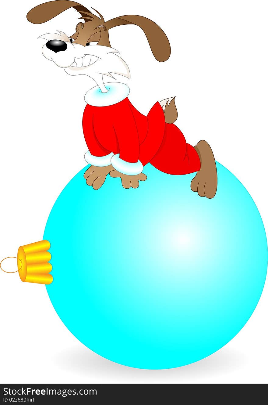 Rabbit in a red dress lying on a blue Christmas tree ball. Vector image.