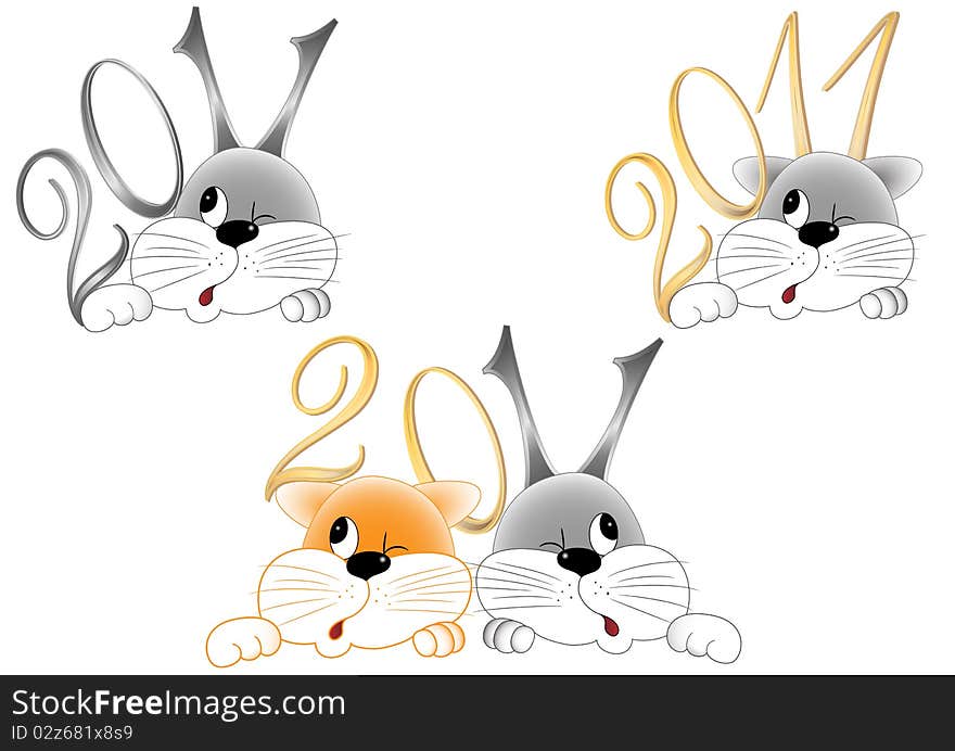 Three images of a rabbit and a cat with the numbers 2011. Vector image. Three images of a rabbit and a cat with the numbers 2011. Vector image.