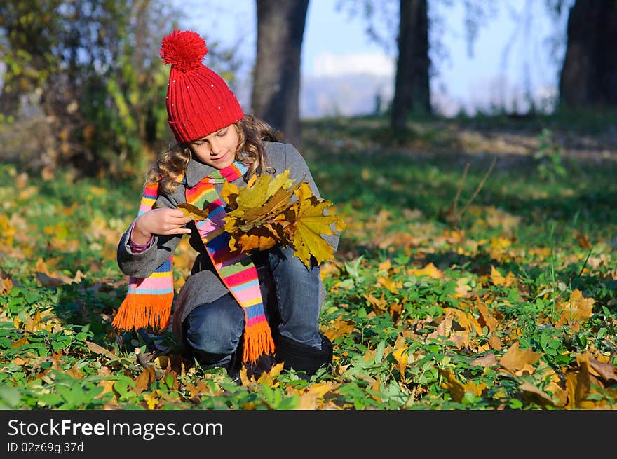 Little Miss. Pretty cute girl walks in autumn park