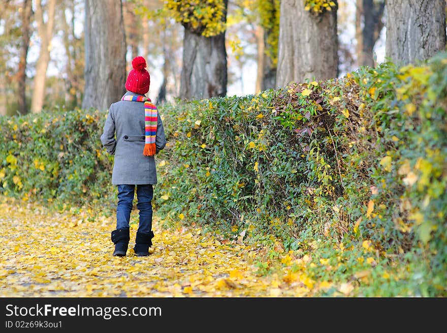 Little Miss. Pretty cute girl walks in autumn park