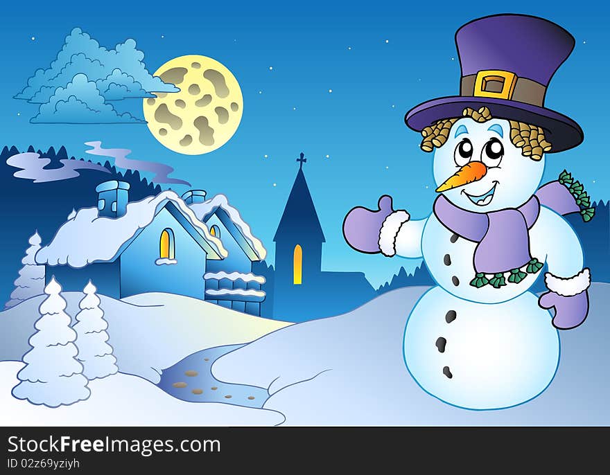 Snowman near small village - illustration.