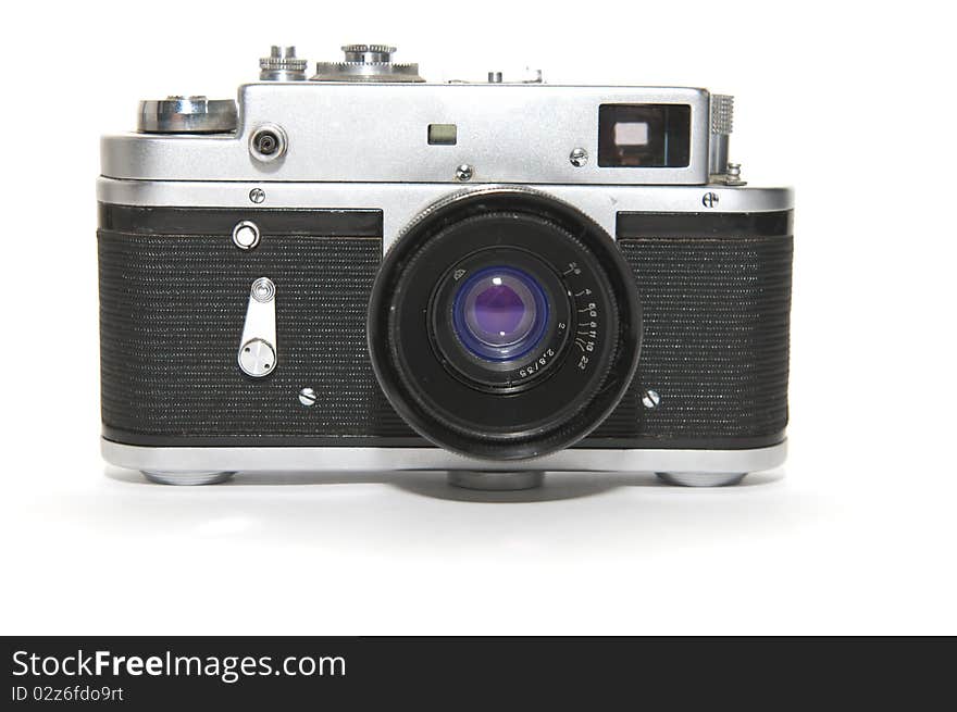 Old model of photo camera on white background. Old model of photo camera on white background