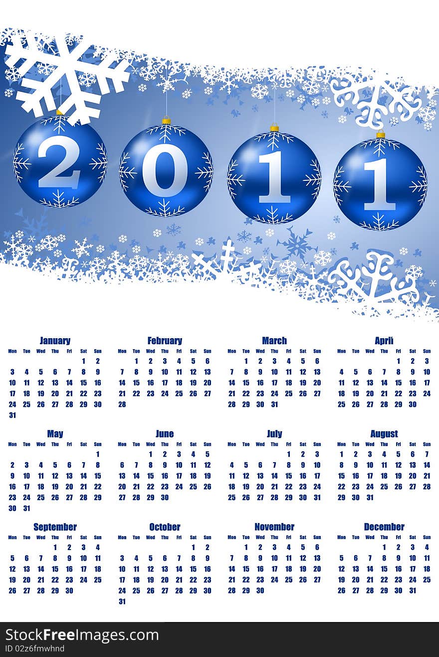 2011 calendar with christmas balls illustration