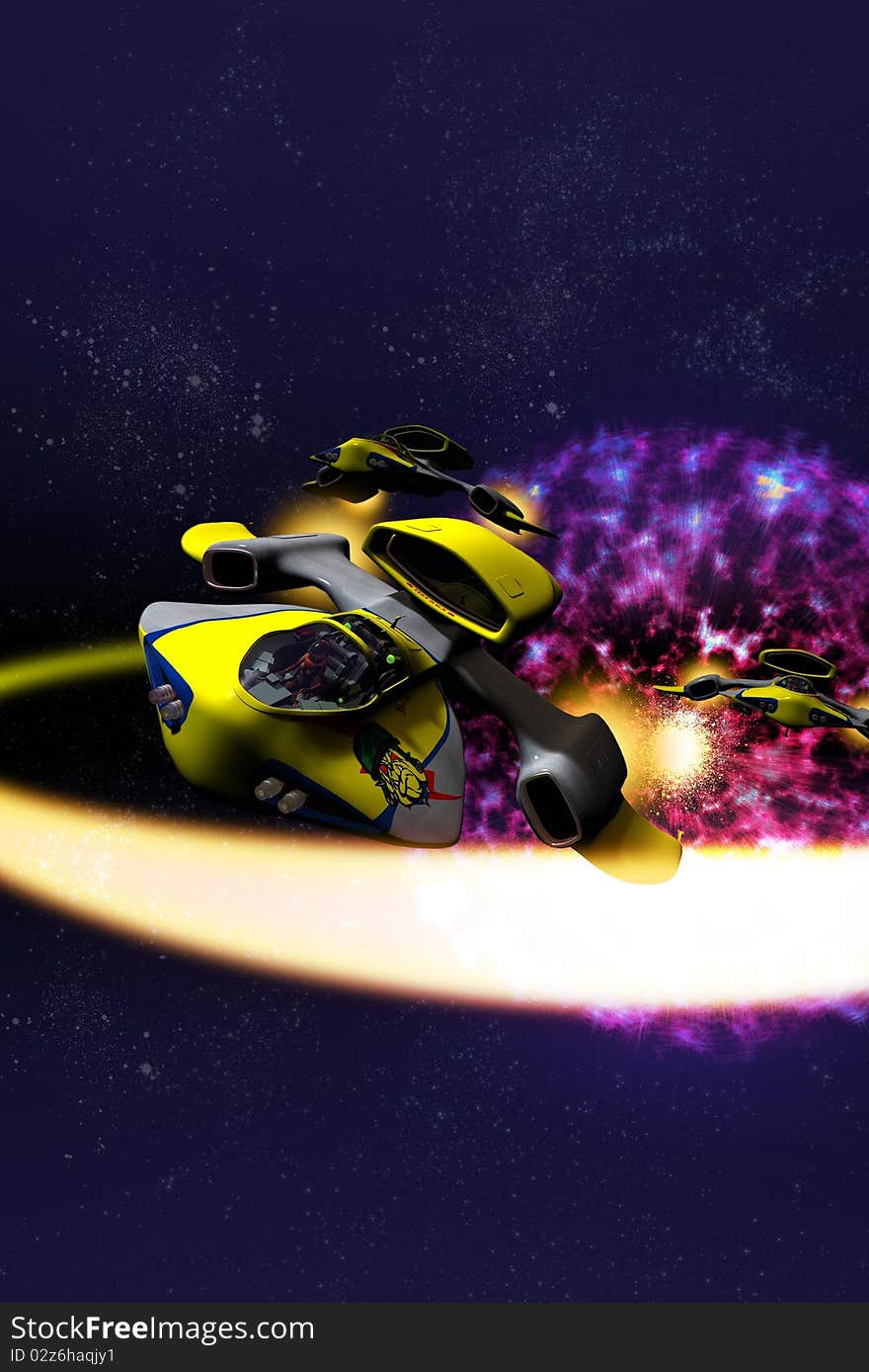 A dramatic space scene where futuristic fighters escape a stelar explosion. A dramatic space scene where futuristic fighters escape a stelar explosion