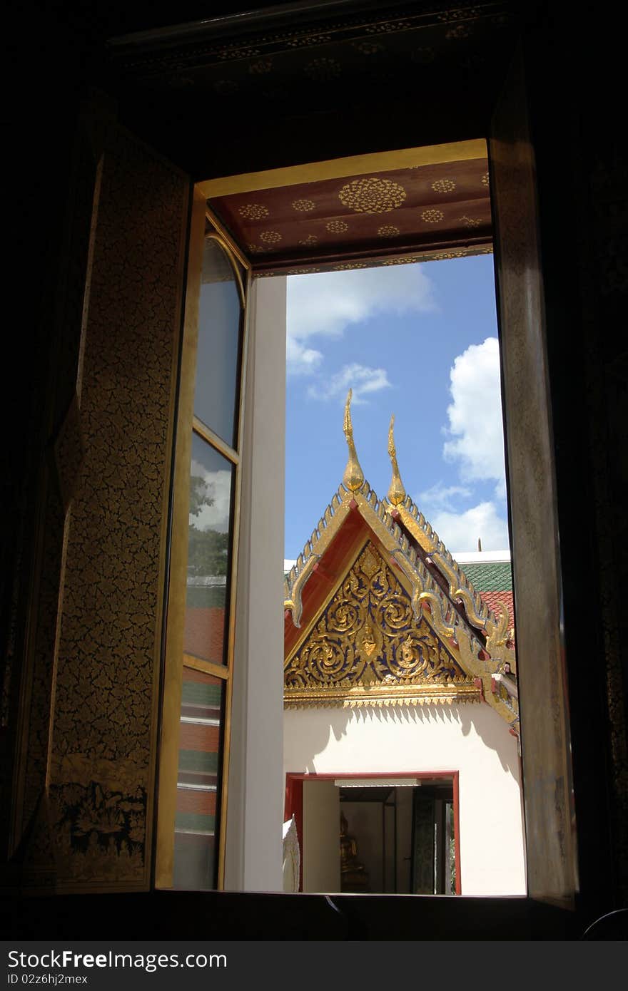 Look out from Buddhist temple, bangkok thailand