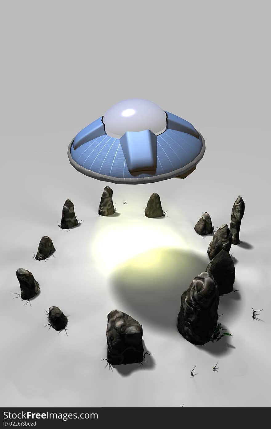 A retro styled UFO hovers over a stone circle. A retro styled UFO hovers over a stone circle