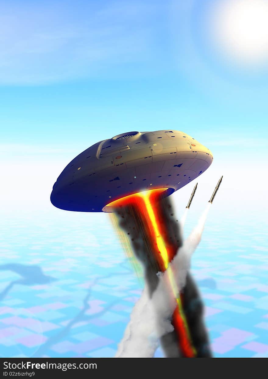 An invading UFO narrowly escapes a deadly misile attack from Earth defences. An invading UFO narrowly escapes a deadly misile attack from Earth defences