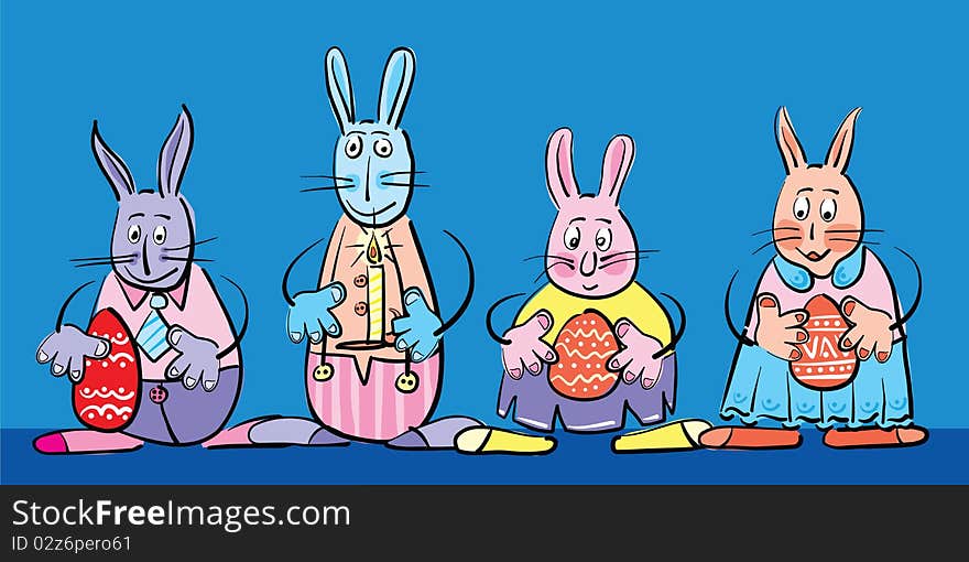 Rabbits family with easter eggs, abstract vector art illustration