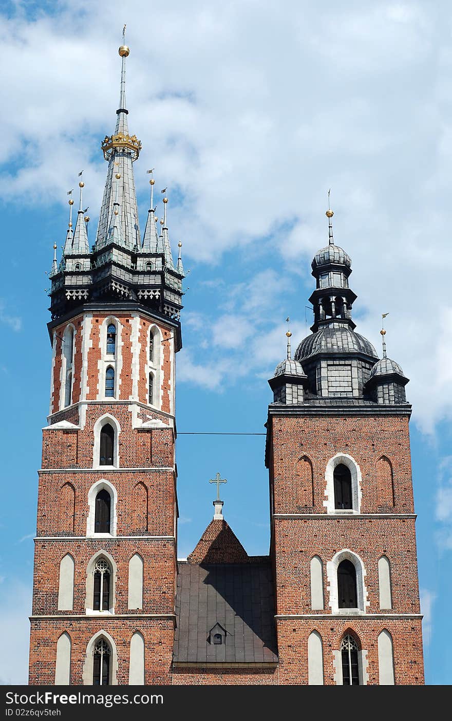 Two towers of the Mariacki church in Cracow, Poland