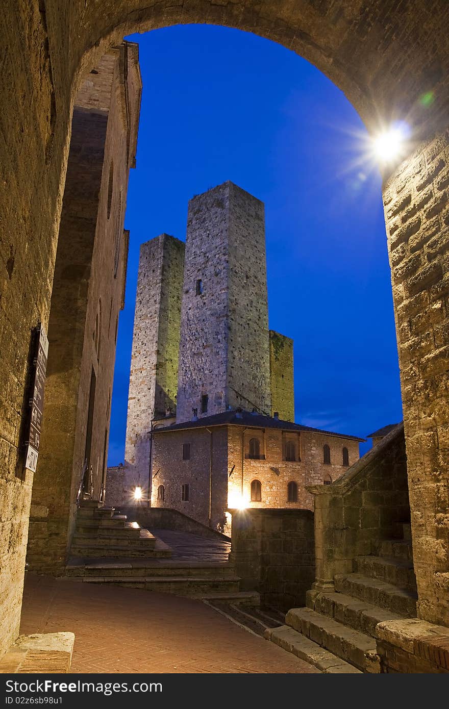 The towers of San Gimignano at night.