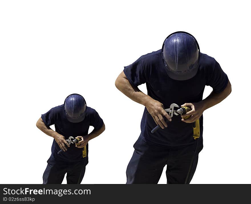 Two different sized versions of the same blue uniformed construction worker holding a drill and pliers shot from above. Two different sized versions of the same blue uniformed construction worker holding a drill and pliers shot from above