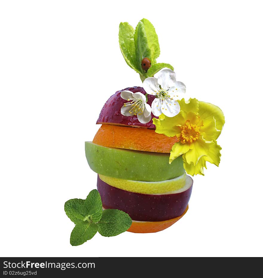 Mix fruit , flowers and leaves isolated on a white background