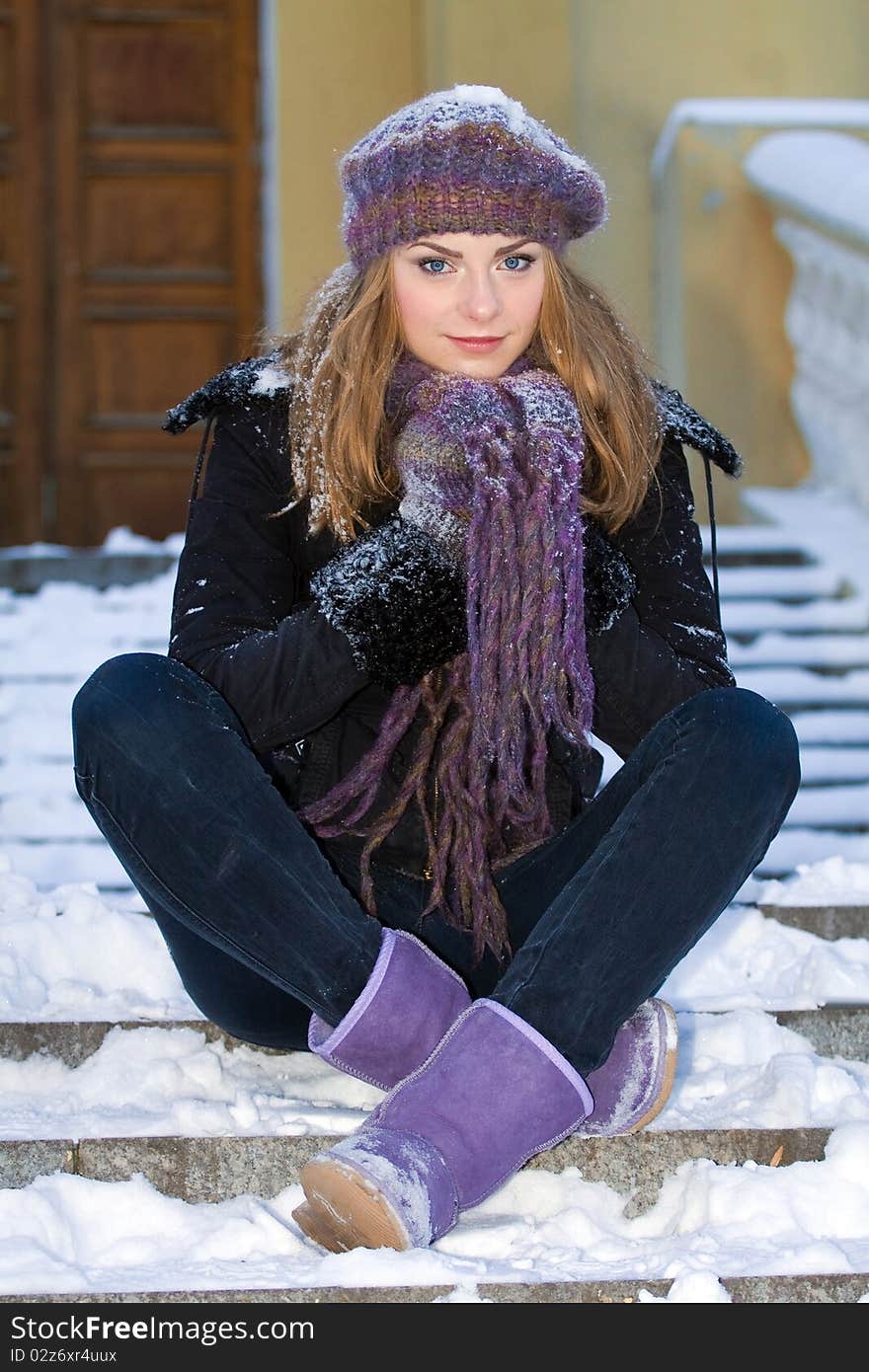 Portrait of beautiful adult girl outdoor in winter