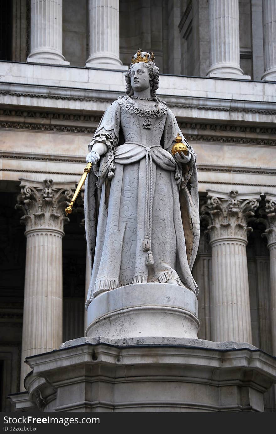 Statue of Queen Anne, 1710 AD, in front of St Paul's Cathedral, London. Sculpted controversially by Richard Belt of marble.