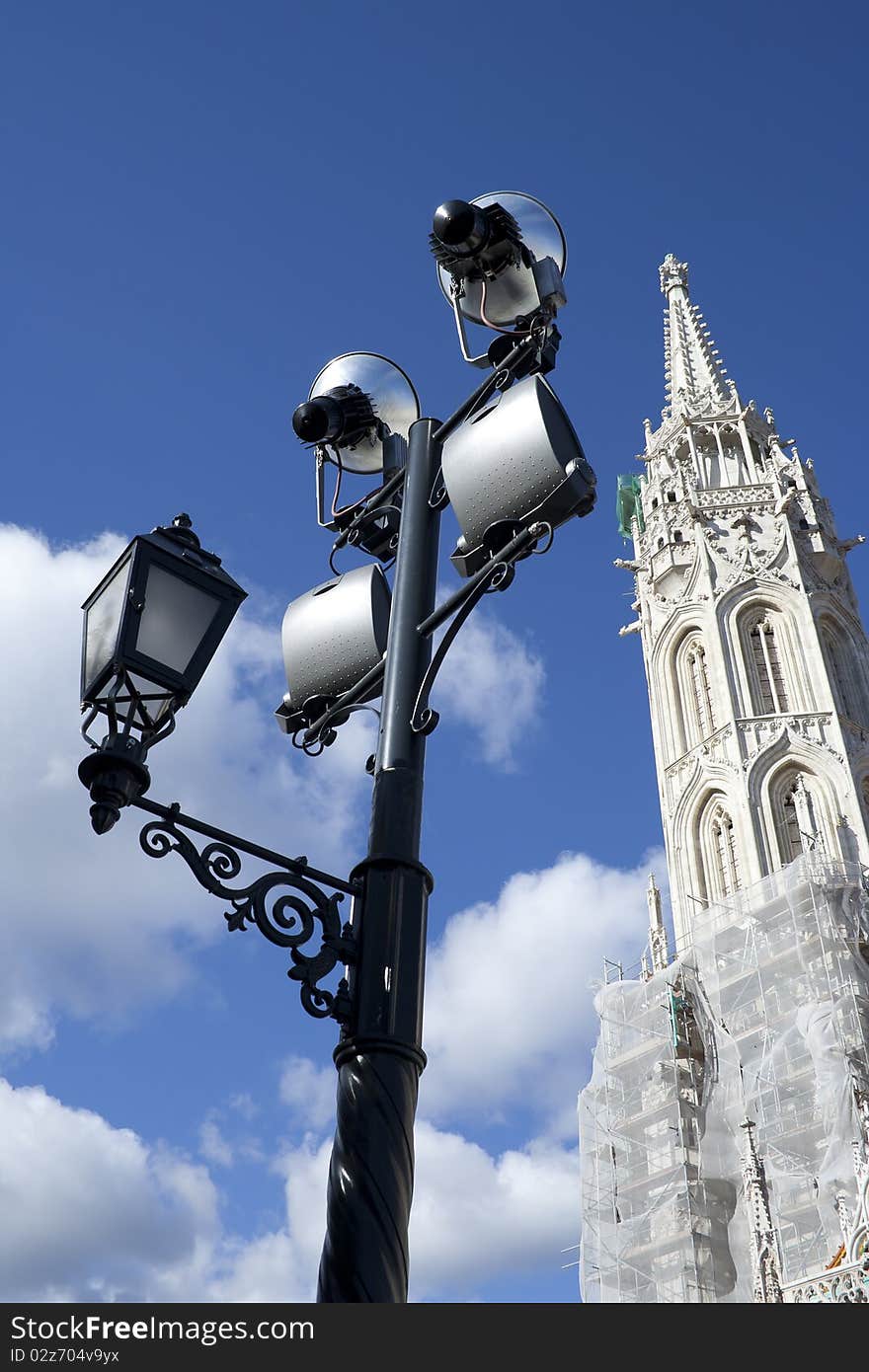 A loudspeaker and street lamp in Budapest at Fisherman's bastion. A loudspeaker and street lamp in Budapest at Fisherman's bastion