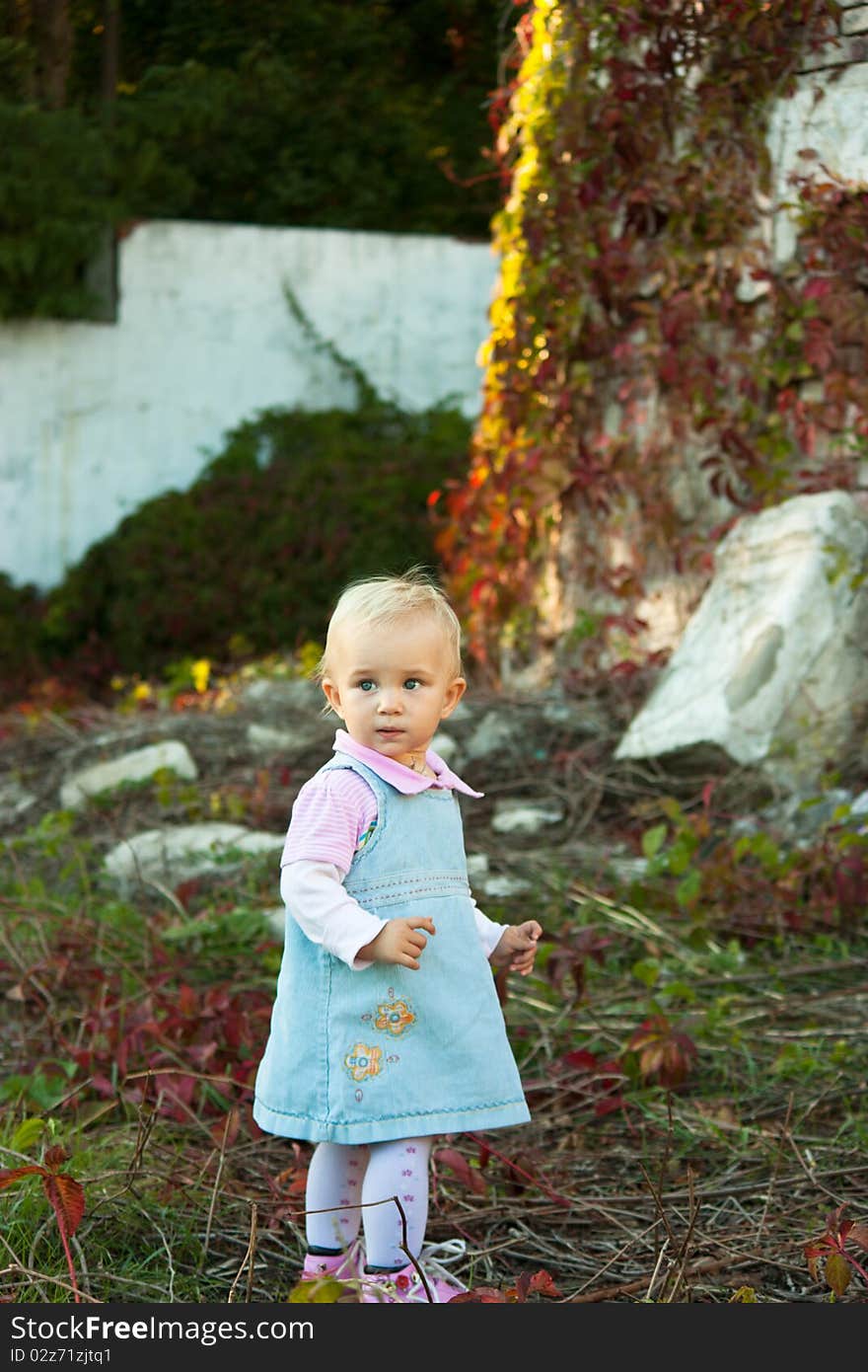 Beautiful baby girl standing in summer. Beautiful baby girl standing in summer