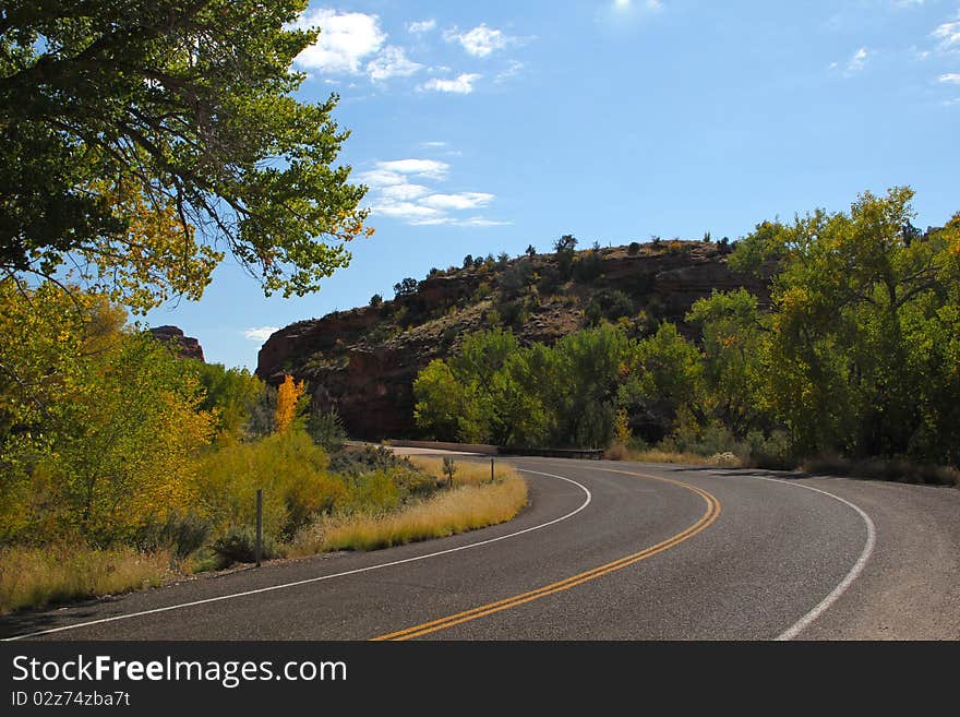 A turn in the road with fall colors