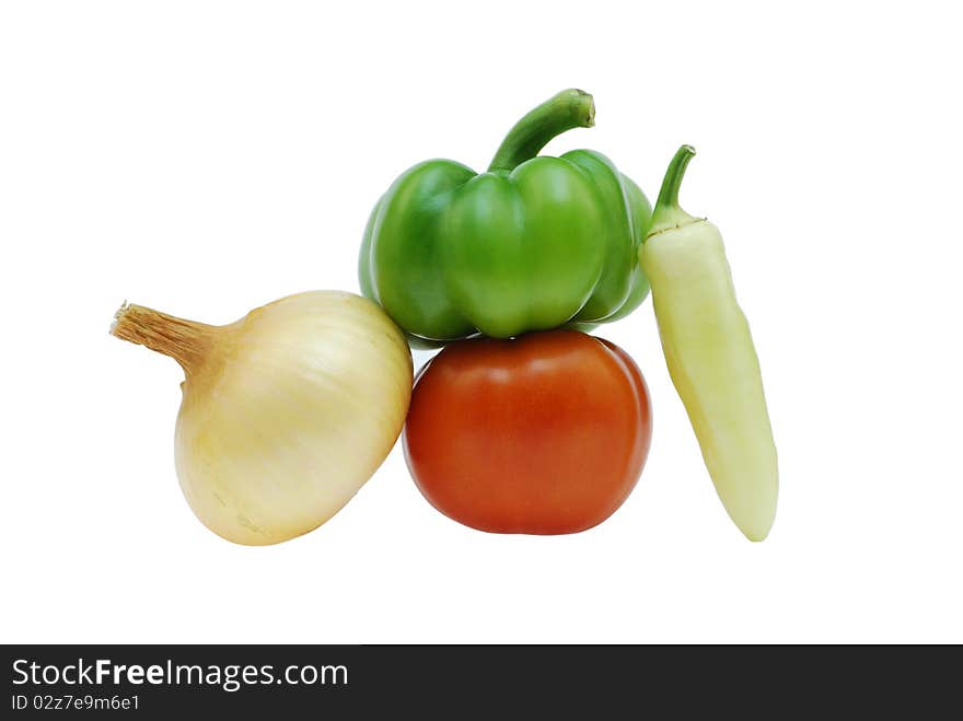 Onions, tomato, green and yellow pepper. Onions, tomato, green and yellow pepper