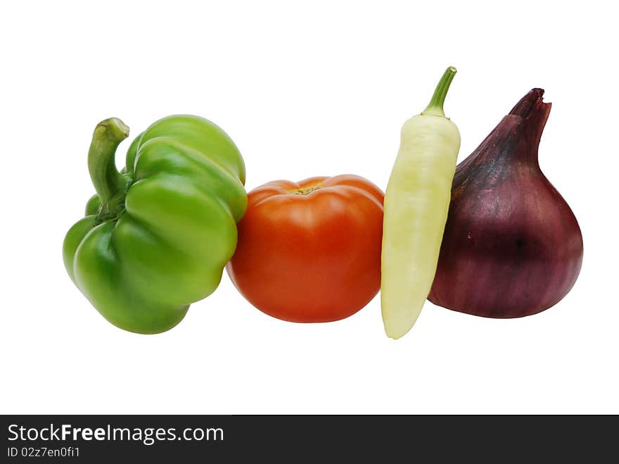 Onions, tomato, green and yellow pepper. Onions, tomato, green and yellow pepper